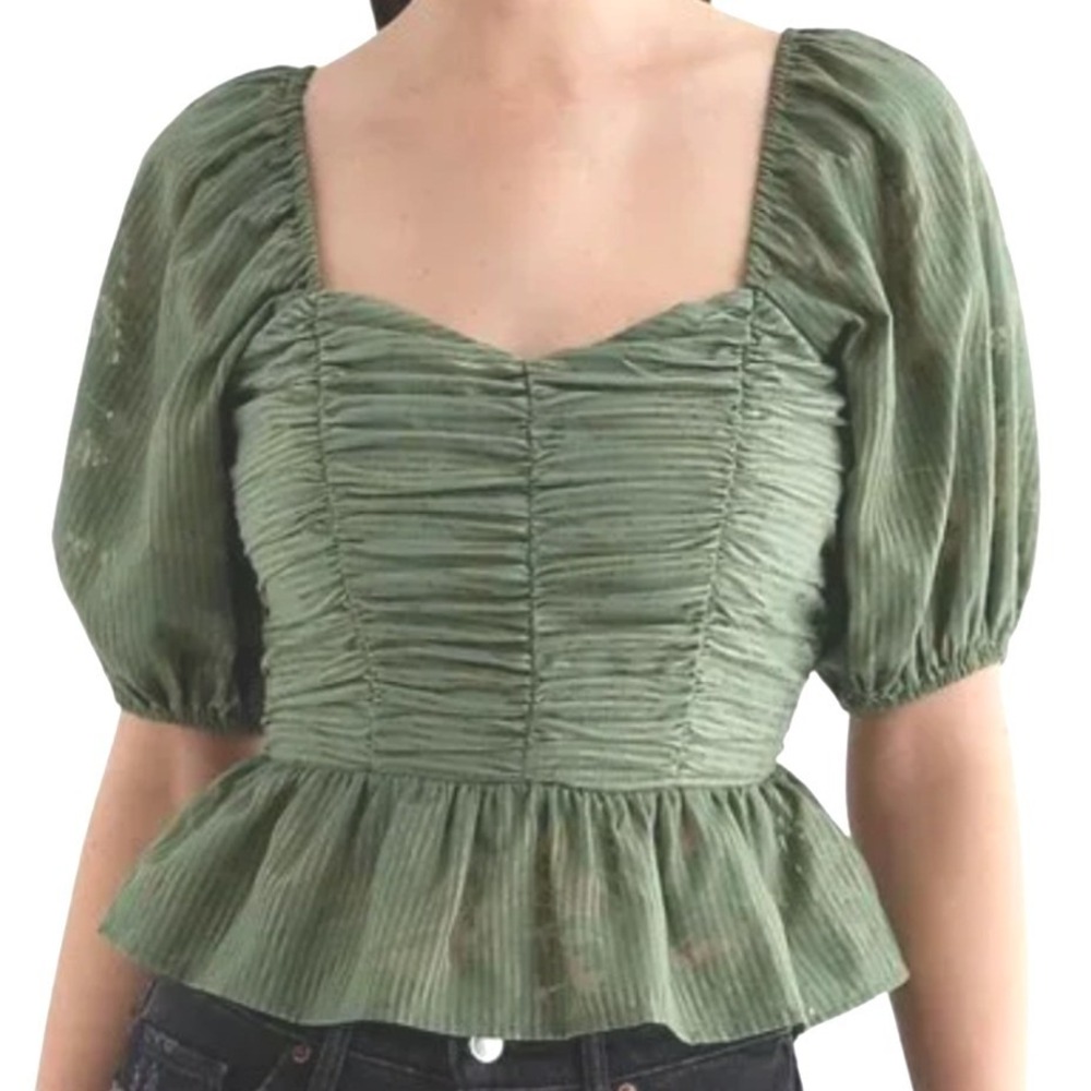 Express Womens Sage Green Ruched Puff Sleeve Peplum Top Smocked Back Size Medium